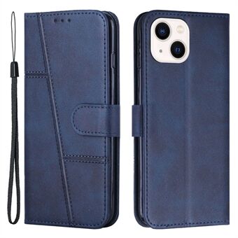 Stitching Phone Case for iPhone 14 6.1 inch, Wallet Stand PU Leather Cover Inner TPU Shell with Strap