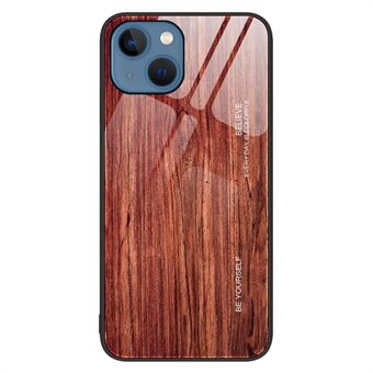 For iPhone 14 6.1 inch Wood Pattern Case Soft TPU Frame Tempered Glass Back Shockproof Protective Cover