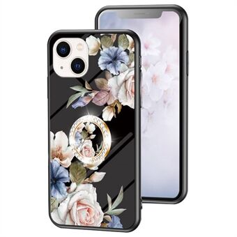 For iPhone 14 6.1 inch Ring Kickstand Phone Case Flower Pattern Printed Drop-proof TPU+PC+Tempered Glass Back Cover