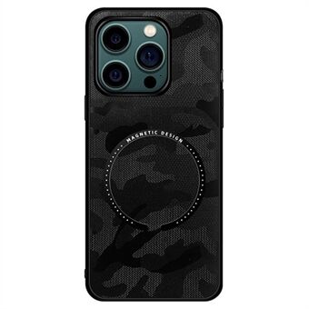 For iPhone 14 6.1 inch Magnetic Wireless Charging Camouflage Phone Case Leather Coated Hybrid Cover with Car Mount Metal Sheet