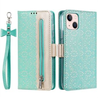 For iPhone 14 6.1 inch Zipper Wallet Case Lace Flower Pattern Fully Wrapped PU Leather Bowknot Wrist Strap Stand Phone Cover