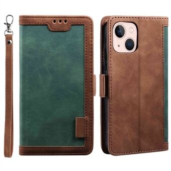 For iPhone 14 6.1 inch Shockproof Phone Flip Wallet Cover Stand Scratch-resistant Retro Color Splicing PU Leather Phone Case with Handy Strap
