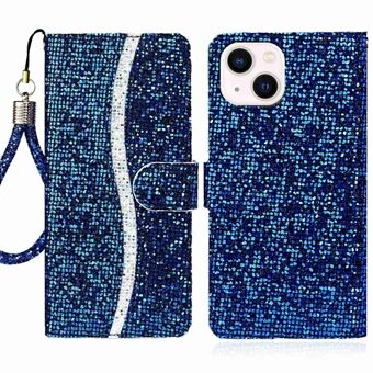 For iPhone 14 6.1 inch Glitter Bling PU Leather Wallet Style Phone Case Adjustable Stand Flip Shell with Hand Strap