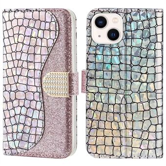 For iPhone 14 6.1 inch Sparkly Glitter Splicing Stand Phone Cover Crocodile Texture Anti-wear PU Leather Wallet Style Shell