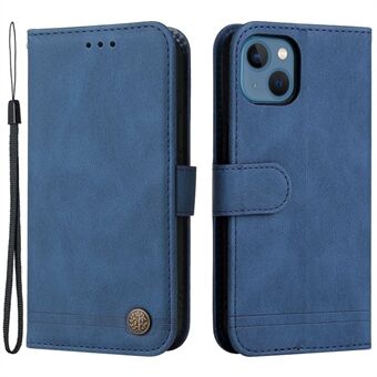 For iPhone 14 6.1 inch Tree Pattern Metal Button PU Leather Phone Case Stand Wallet Protective Cover with Strap