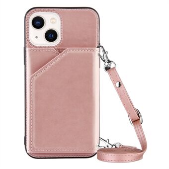 YB-1 Series Card Holder Phone Cover for iPhone 14 6.1 inch, Skin-touch PU Leather Coated TPU Kickstand Case with Shoulder Strap