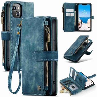 CASEME C30 Series Multiple Card Slots Case for iPhone 14 6.1 inch, Zipper Pocket Wallet PU Leather Stand Phone Cover with Strap