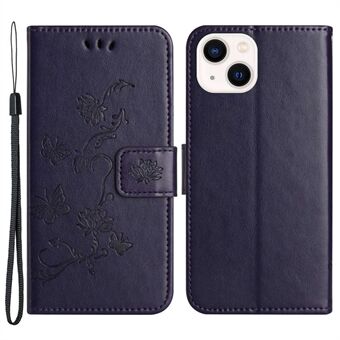 For iPhone 14 6.1 inch Overall Coverage PU Leather Stand Wallet Phone Cover Butterfly Flower Imprinted Phone Case with Strap