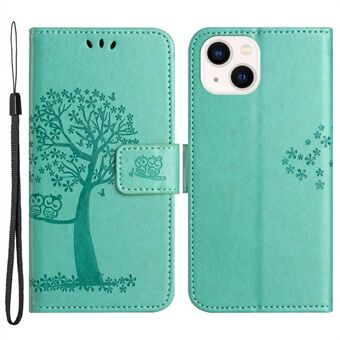 For iPhone 14 6.1 inch Imprinted Owl Tree Pattern PU Leather Wallet Viewing Stand Full Protection Protective Case with Wrist Strap