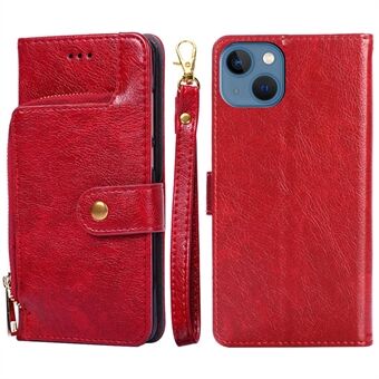 For iPhone 14 6.1 inch Anti-fall Phone Case Full Protection Zipper Pocket PU Leather Flip Phone Wallet Cover Stand with Strap