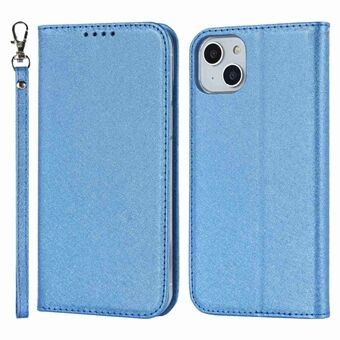 For iPhone 14 6.1 inch PU Leather Silk Texture Anti-wear Phone Case Stand Anti-shock Wallet Shell with Wrist Strap