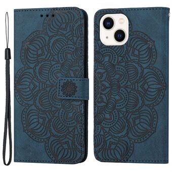 For iPhone 14 6.1 inch Mandala Flower Imprinted PU Leather Magnetic Flip Cover Stand Feature Hand Strap Wallet Purse Case