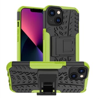 For iPhone 14 6.1 inch Tyre Pattern Anti-slip Phone Case Hard PC Soft TPU Dual Layer Shockproof Protective Cover with Kickstand