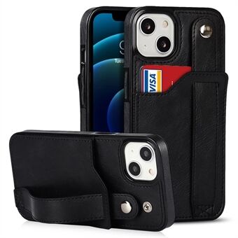For iPhone 14 6.1 inch Hand Strap Kickstand Design Leather Coated TPU Phone Case RFID Blocking Card Slots Cover - Black