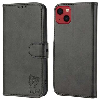 Happy Cat Pattern Imprinted Phone Case for iPhone 14 6.1 inch, Full Protection PU Leather Cover with Wallet Stand