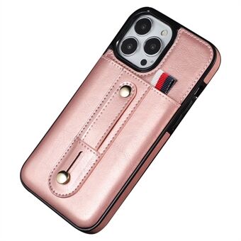 For iPhone 14 6.1 inch Anti-scratch Mobile Phone Shell Card Slot Kickstand Hand Grip Strap Design PU Leather+TPU Case