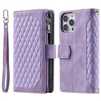 For iPhone 14 6.1 inch Shockproof Phone Cover Rhombus Grid Texture PU Leather Zipper Pocket Flip Wallet Stand Case