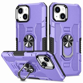 Anti-drop Phone Cover Kickstand For iPhone 14, Skin-friendly PC + TPU Phone Case with Metal Ring Holder Built-in Metal Sheet