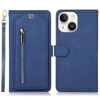 Rotating Makeup Mirror Stand Wallet Phone Case for iPhone 14, PU Leather Zipper Pocket Anti-drop Cover