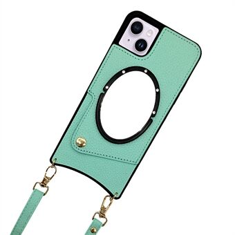For iPhone 14 Fish Tail Design Mirror Function PU Leather Coated TPU Case Card Holder Phone Shell with Shoulder Strap
