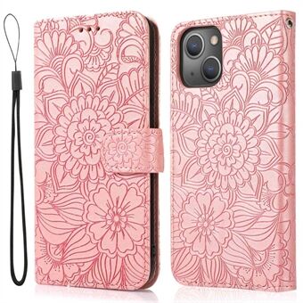 For iPhone 14 Imprinted Flower Pattern PU Leather Phone Cover Stand Shockproof Phone Wallet Case with Strap