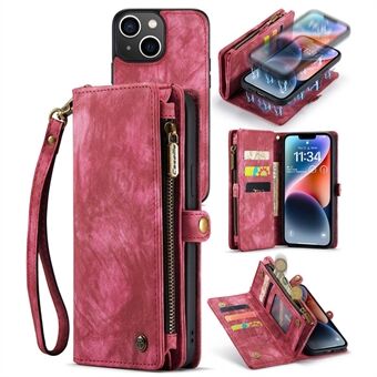 CASEME 008 Series for iPhone 14 PU Leather Zipper Pocket Detachable Magnetic Phone Case Multi-Functional Wallet Stand Cover with Strap