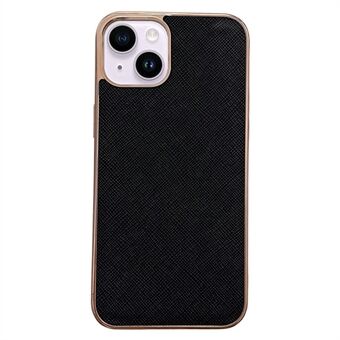 For iPhone 14 Cross Texture Genuine Leather Coated TPU Anti-drop Case Stylish Nano Electroplating Phone Cover