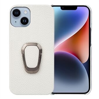 For iPhone 14 Finger Ring Kickstand Phone Case Litchi Texture Genuine Leather Coated PC Protective Shell Cover