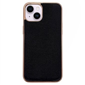 Litchi Texture Cell Phone Back Cover for iPhone 14, Nano Electroplating Genuine Leather Coated TPU Phone Case