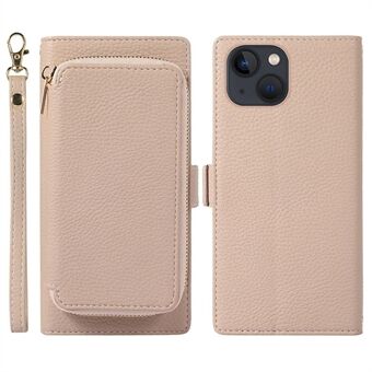2-in-1 Wallet Phone Case for iPhone 14 Shockproof Case Litchi Texture Magnetic PU Leather Stand Case with Zipper Card Bag / Strap