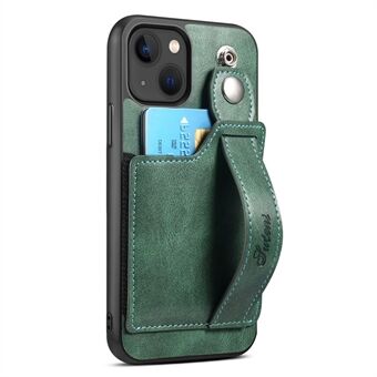 SUTENI H12 Series for iPhone 14 Phone Case Retractable Wristband Kickstand Card Holder Leather Coated PC + TPU Protective Phone Cover