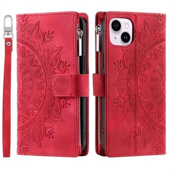 For iPhone 14 Mandala Flower Imprinted PU Leather Phone Cover Stand with Multiple Card Slots Zipper Pocket Wallet Protective Phone Case