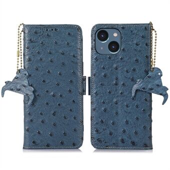 For iPhone 14 Fall-proof Ostrich Pattern Genuine Cowhide Leather Case, Side Magnetic Closure Phone Case RFID Blocking Wallet Phone Cover with Stand
