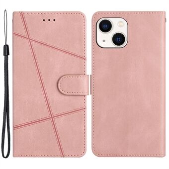 For iPhone 14 Imprinted Lines PU Leather Phone Case Wallet Stand Crazy Horse Texture Anti-Scratch Cover with Strap
