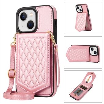 Makeup Mirror Kickstand Phone Case for iPhone 14, Imprinted PU Leather Coated TPU RFID Blocking Card Holder Back Cover with Shoulder Strap