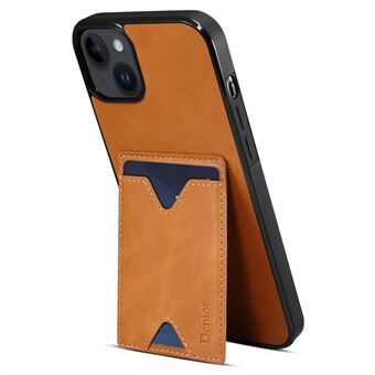 DENIOR Card Holder Kickstand Case for iPhone 14 Shockproof Phone Case Genuine Leather Coated TPU Hard PC Cover