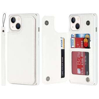 For iPhone 14 Card Slots Design Kickstand PU Leather Coated TPU Phone Case Well-protected Wallet Cover with Strap