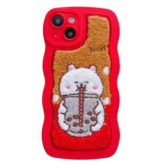 Milk Tea Animal Pattern Embroidery Phone Case for iPhone 14, TPU + PC Wavy Edge Soft Fluffy Plush Back Cover