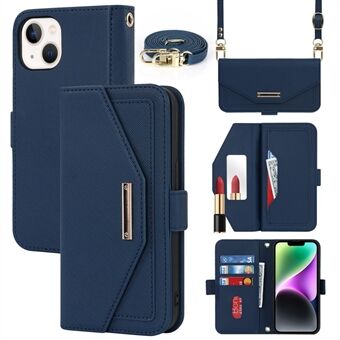 For iPhone 14 Drop-proof Cross Texture PU Leather Phone Case Stand Wallet with Inside Makeup Mirror and Shoulder Strap
