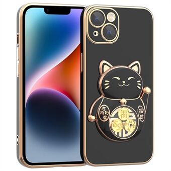 For iPhone 14 Phone Case Lucky Fortune Cat Kickstand TPU+PC Electroplating Phone Cover with Camera Lens Protector
