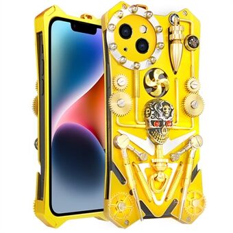 For iPhone 14 Metal Mechanical Gear Armor Case Handmade Skull Shockproof Phone Cover - Gold