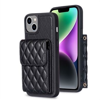 BF22-Style Vertical Card Holder Phone Case for iPhone 14 / 13 , Dustproof PU Leather+TPU Phone Cover with Strap