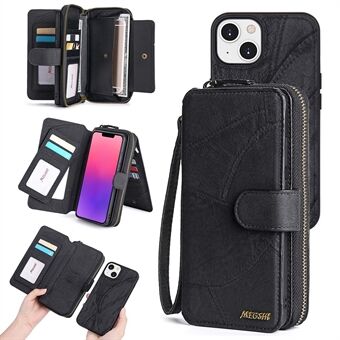MEGSHI 004 Series Detachable Zipper Wallet Leather Case for iPhone 14 Anti-drop Stand Phone Cover