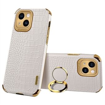 For iPhone 14 Electroplated PU Leather Coated TPU Cover Ring Kickstand Crocodile Texture Phone Case