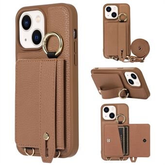 Leather+TPU Cover for iPhone 13 / 14 6.1 inch Card Holder Hand Strap Kickstand Phone Case with Shoulder Strap