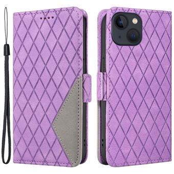 Phone Case for iPhone 14 PU Leather Color Splicing Rhombus Imprinted Wallet Stand Cover