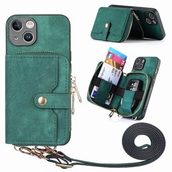 Leather+PC+TPU Kickstand Case for iPhone 14 , Zipper Wallet Anti-scratch Phone Cover with Lanyard
