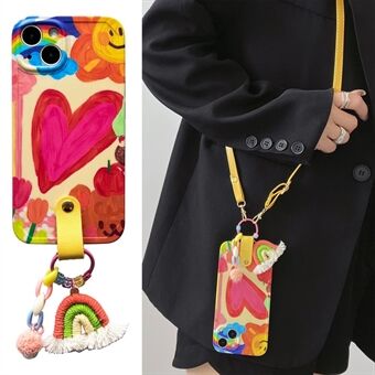 For iPhone 14 Slim-Fit TPU Phone Cover Heart Pattern Case Shell with Leather Shoulder Strap and Rainbow Decor