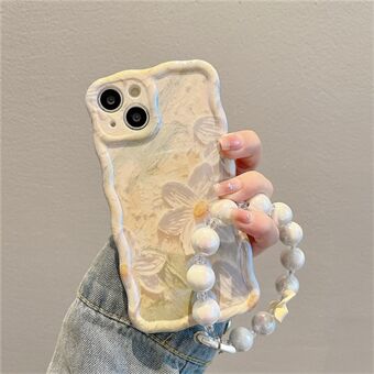 Wavy Edge Phone Cover for iPhone 14 Oil Painting Flowers Blu-ray IMD TPU Case with Pearl Chain