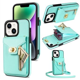 Card Holder Zipper Pocket Phone Case for iPhone 14 , Kickstand PU Leather Coated TPU Cover